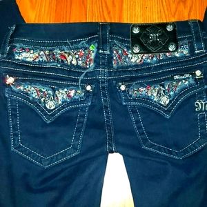 Miss Me Jeans • Size 25 Signature Skinny Dark Blue • Bling Embroidered Pockets